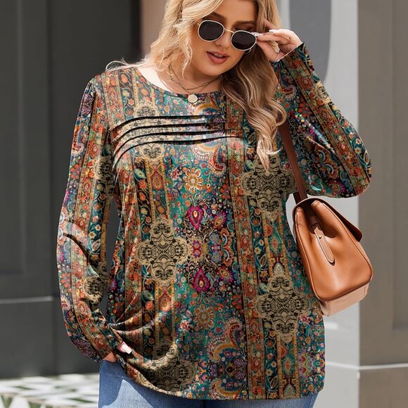 Plus Size Long Sleeve Tops for Women Fall Crewneck Shirts Pleated Casual Dressy - Picture 2 of 4